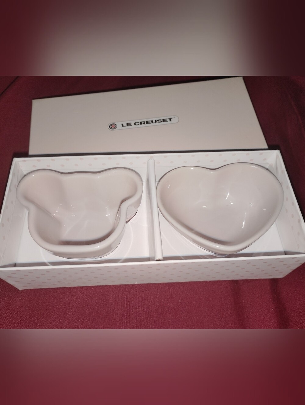 Le Creuset Baby Twin Ramekin Set Milky Pink Bear Heart Stoneware w/ Box Mint NIB